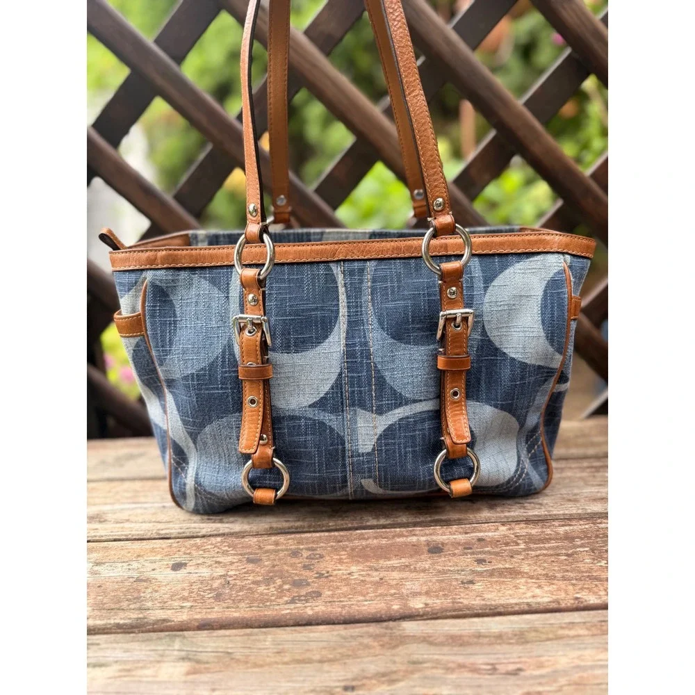 Coach Denim East West Gallery Tote Jacquard Signature C Blue Tan Leather Y2K